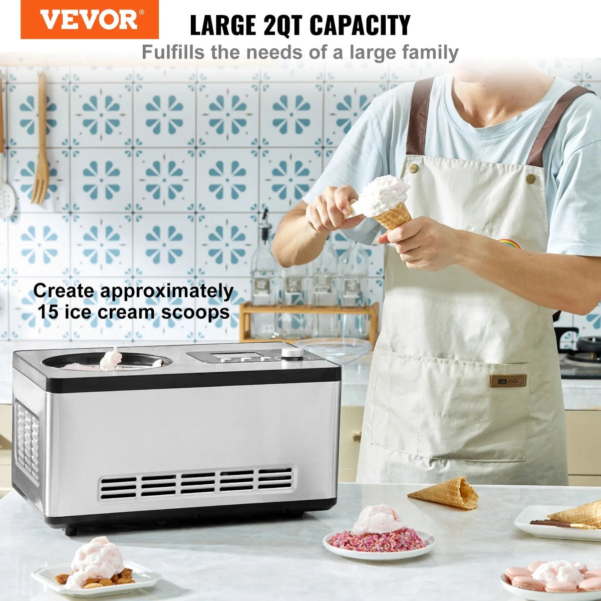 Automatic Ice Cream Maker with Built-in Compressor 2 Quart No Pre-freezing Fruit Yogurt Machine Electric Sorbet Maker