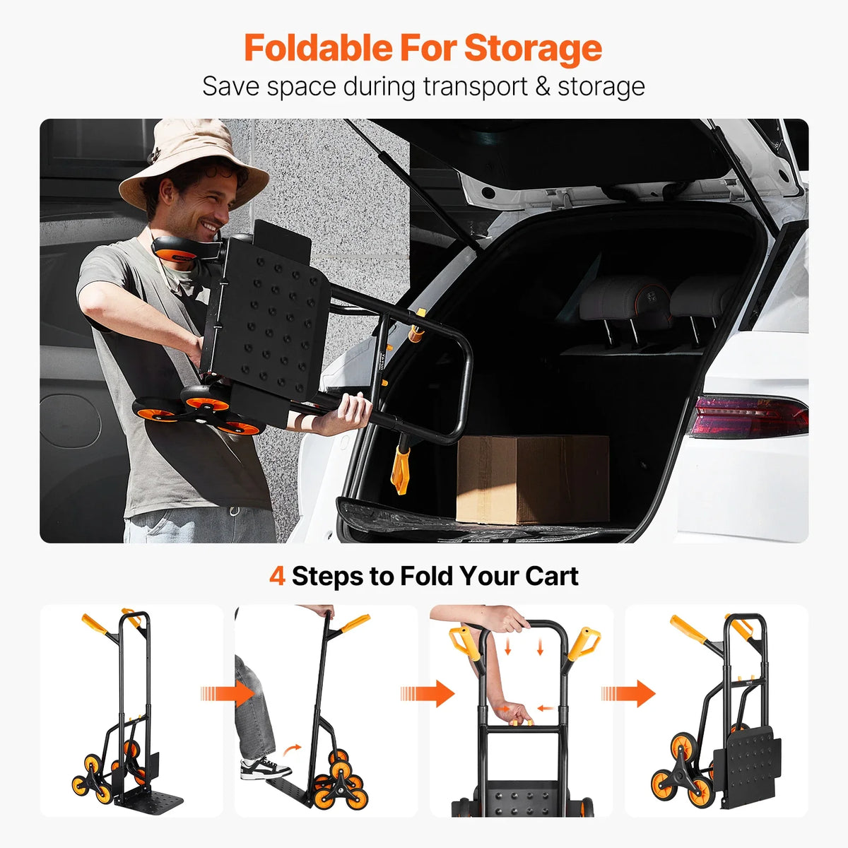 440 lbs Folding Hand Truck Dolly with Handle 6 Wheels & 2 Elastic Ropes Stair Climbing Cart for Shopping Moving Warehouse