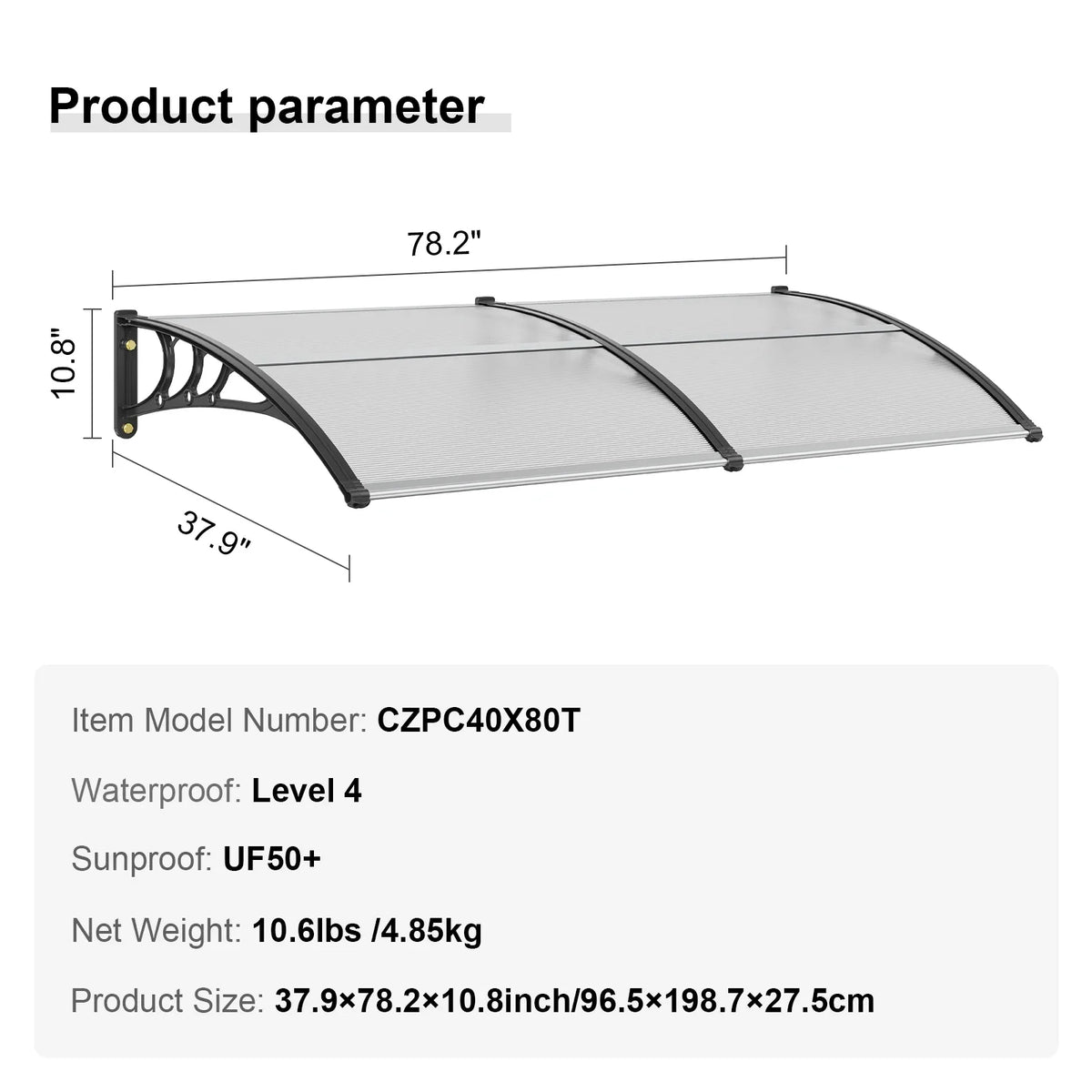 Window Door Awning Canopy 3 Sizes UPF 50+ Polycarbonate Entry Window Awning Front Door Overhang Awning for Sun Shutter