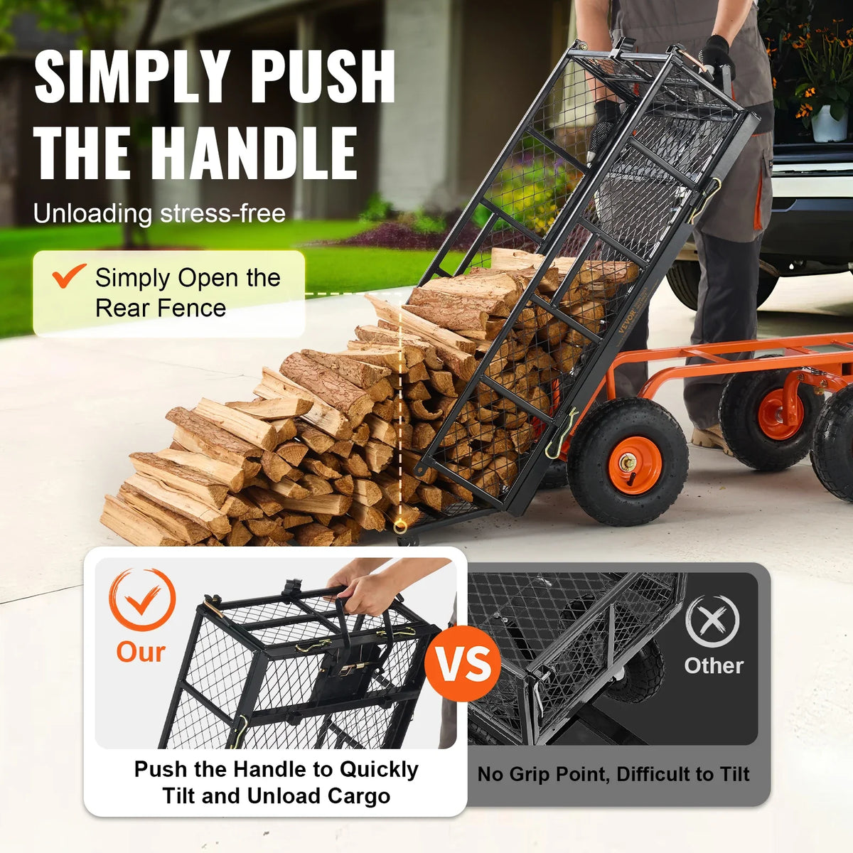 Garden Cart Sturdy Metal Utility Wagon 400lbs Load Versatile Dump Cart with Dual-Function Handle&10" Wheels Wheelbarrow