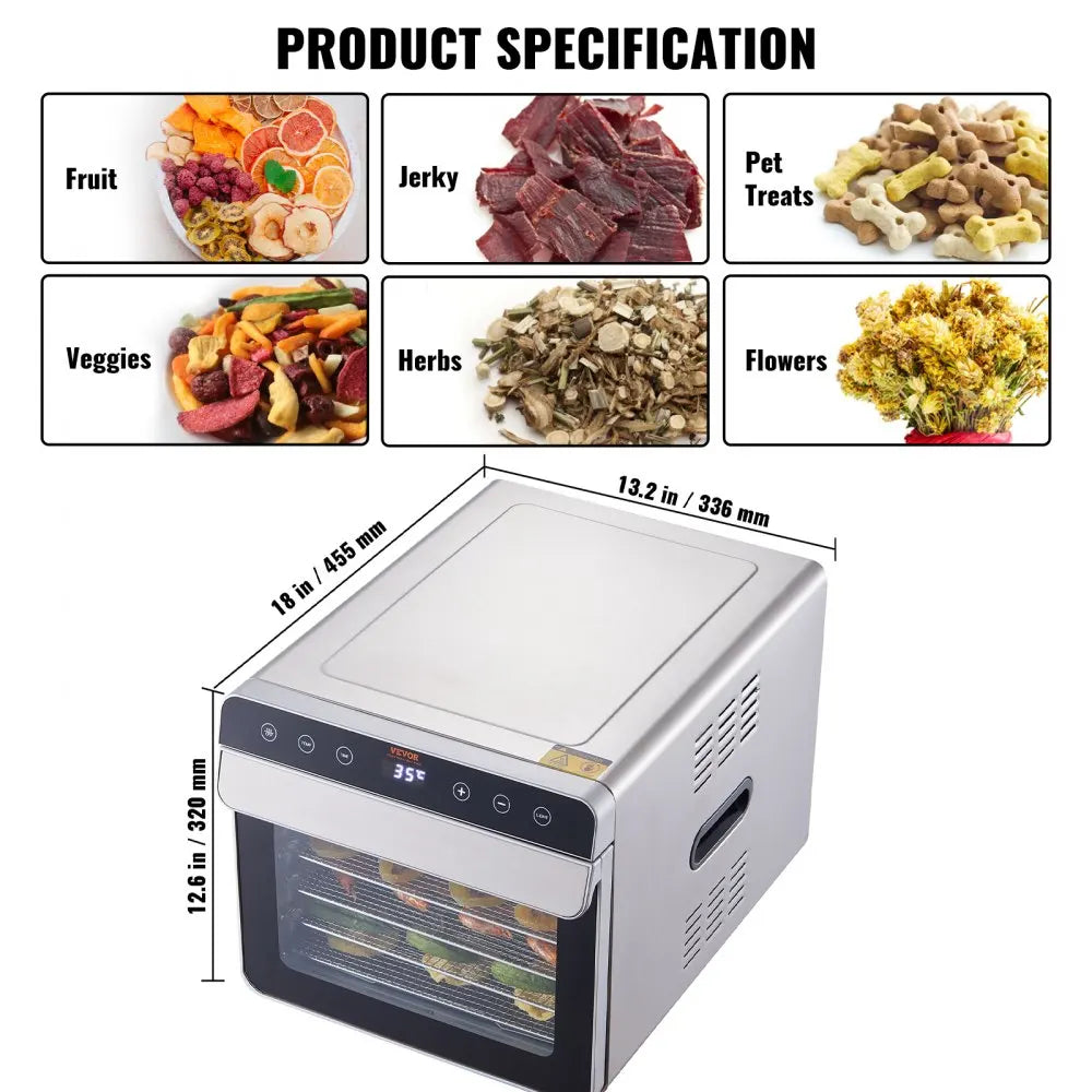 10 Trays Food Dehydrator Stainless Steel Machine 800W/1000W Household Vegetables Fruit Dryer with Digital Timer for Home