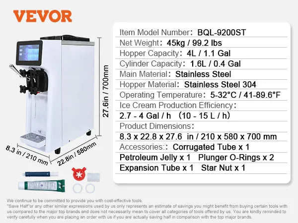 Commercial Ice Cream Maker, 10-20L/H Yield, 1000W Countertop Soft Serve Machine w/ 4.5L Hopper 1.6L Cylinder Touch Screen