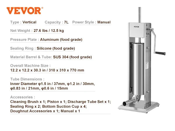 3 5 7 L Manual Sausage Stuffer Stainless Steel Making Sausage Vertical Maker with 4 Filling Funnels for Home Commercia Use