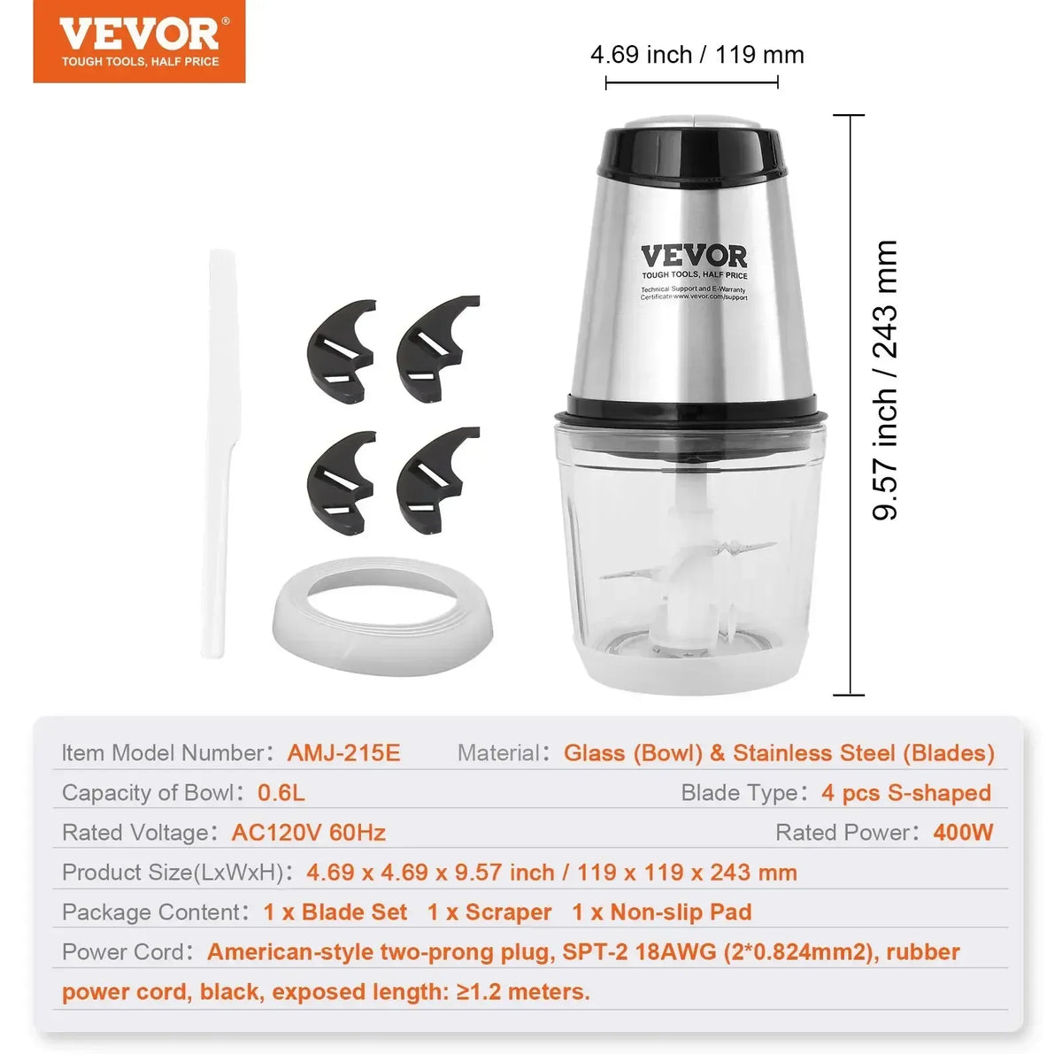 Food Processor Electric Meat Grinder with 4-Wing Stainless Steel Blades Stainless Steel Bowl for Baby Food
