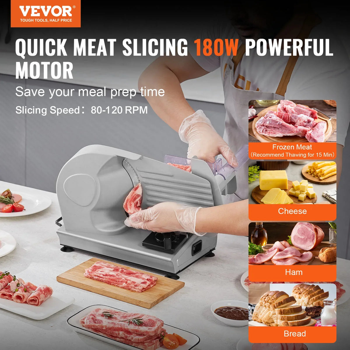 Meat Slicer, 7.5 inch Electric Deli Food Slicer, 180W Meat Cutter w/a Premium SUS420 Blade,0-0.6 inch Adjustable Thickness