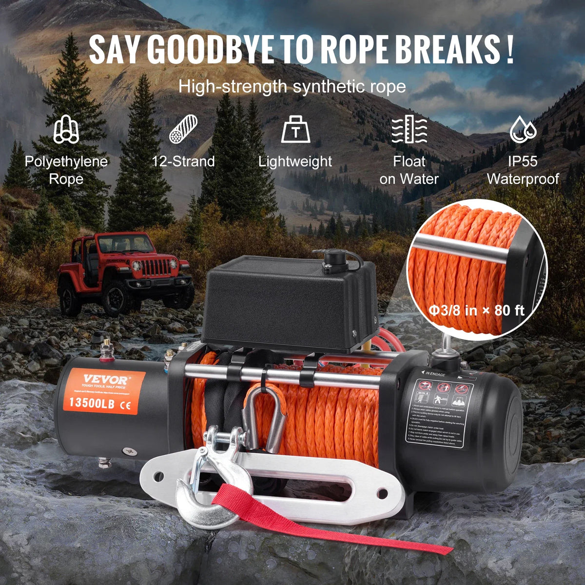 13,500 lb 12V DC Electric Winch with Wired Remote Control, IP55 Waterproof for Towing Off-Road SUV Jeep Trailer Boat