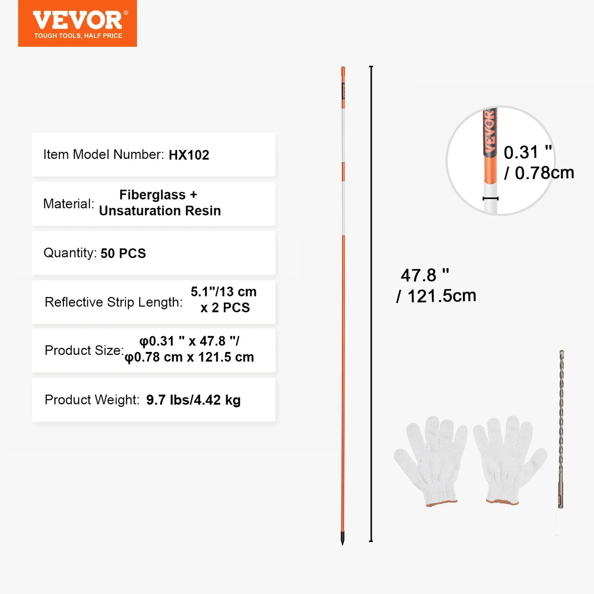 Driveway Markers Orange Fiberglass Reflective Poles Easy Visibility Snow Stakes Safty Stand Poles for Parking Lots Walkway