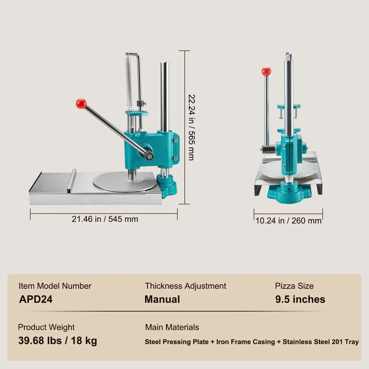 9.5" Manual Pizza Dough Press, Stainless Steel Chapati Maker & Pastry Presser for Home/Commercial, 24cm Sheet Pizza Tool