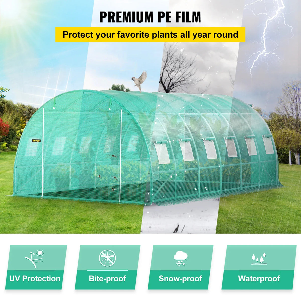 Walk-in Tunnel Greenhouse 20 x 10 x 7 ft Portable Plant Hot House with Galvanized Steel Hoops, 3 Top Beams For Plants Grow