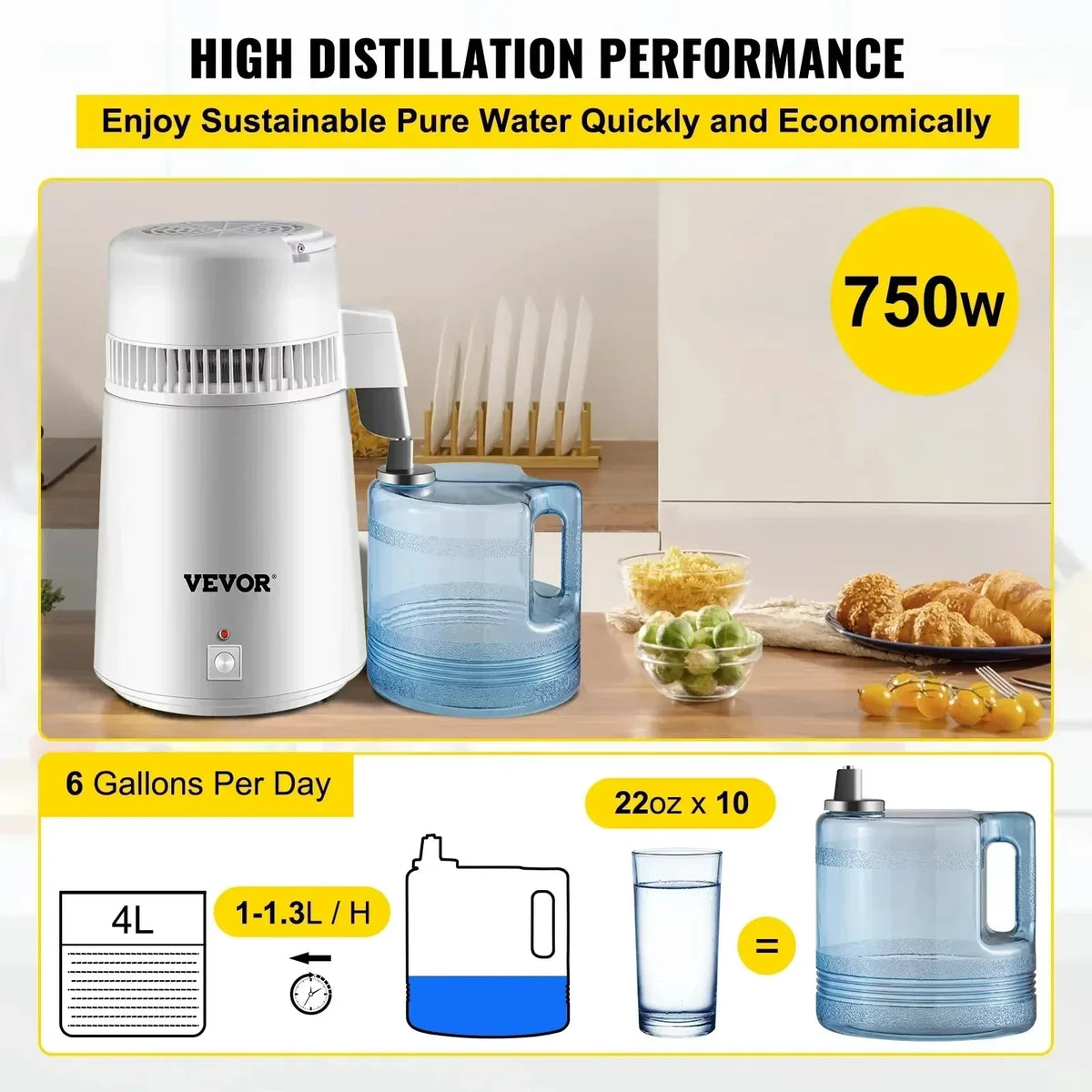 4L/1L-h Water Distiller Purifier, 220V 304SS for Dental/Medical/Home Use, Pure Water & Essential Oils (Auto Shut-Off)
