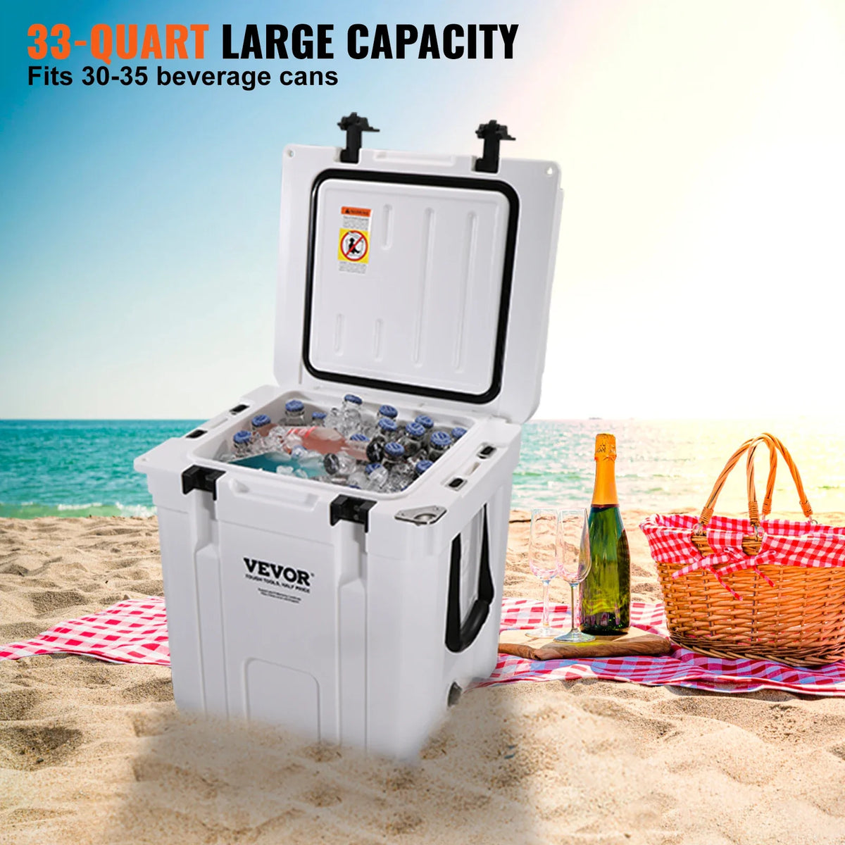 Insulated Portable Cooler, 33 qt, Holds 35 Cans, Ice Retention Hard Cooler w/Heavy Duty Handle, for Camping, Beach, Picnic