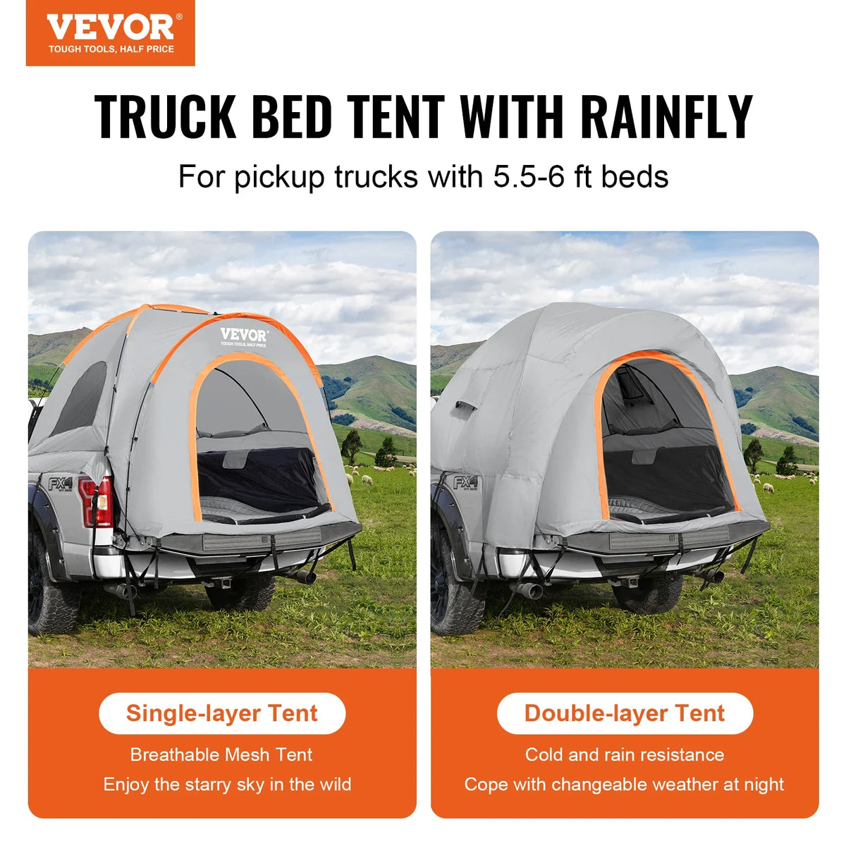 Truck Bed Tent 5.5'-6' Pickup Truck Tent with Rain Layer and Carry Bag Waterproof PU Double Layer Truck Tent for Camping