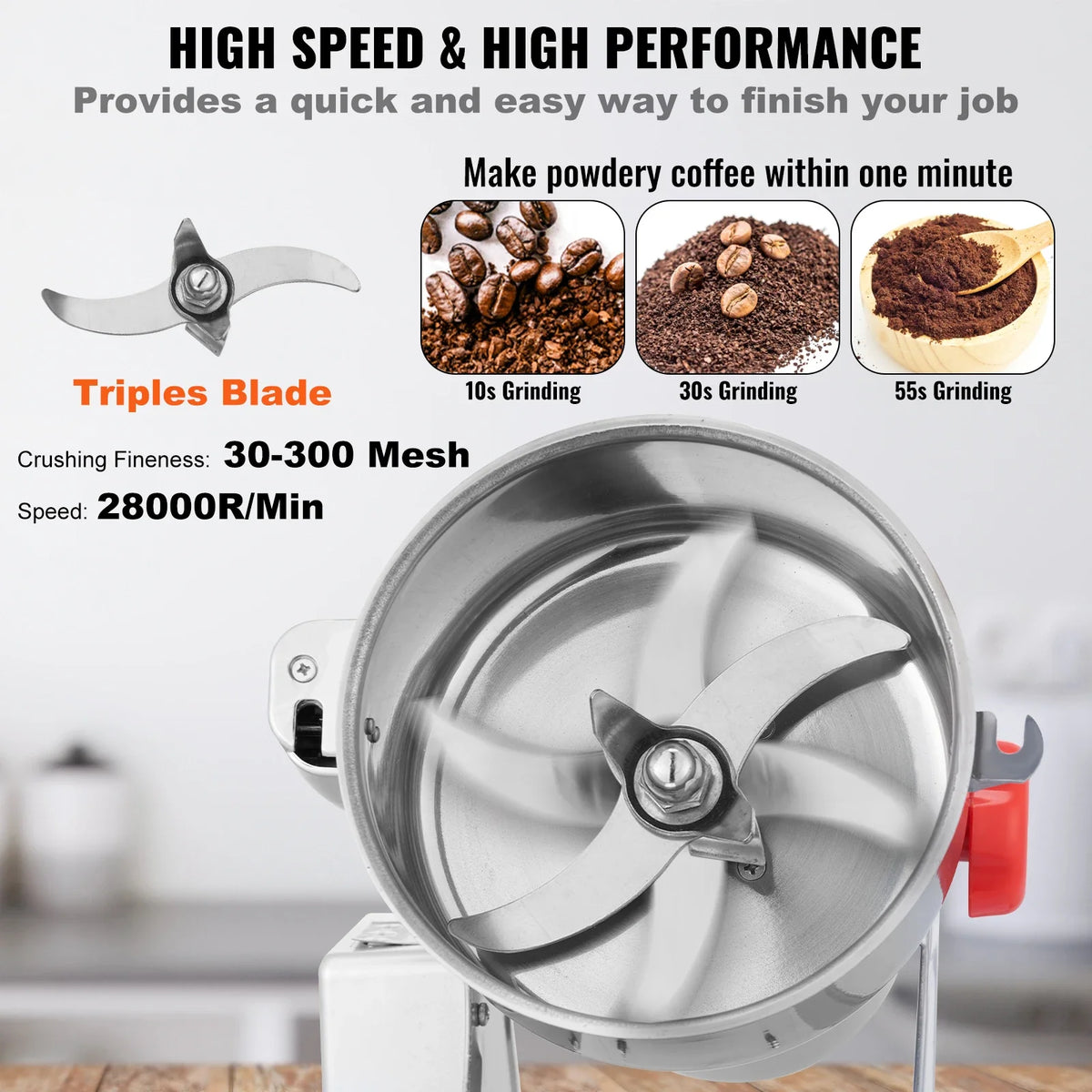 1000g Electric Grain Mill Grinder, High Speed 3000W Commercial Spice Grinders, Stainless Steel Pulverizer Powder Machine