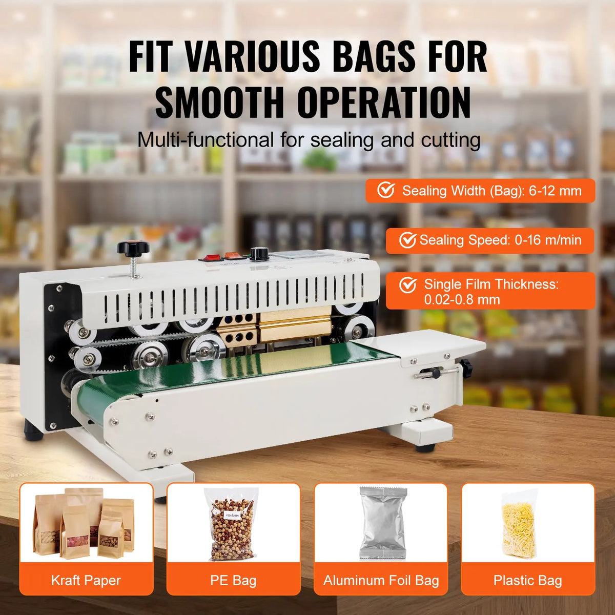 Continuous Bag Band Sealing Machine, 0.24-0.47 in/6-12 mm Seal Width, Bag Sealer for 0.02-0.8 mm Plastic Bags