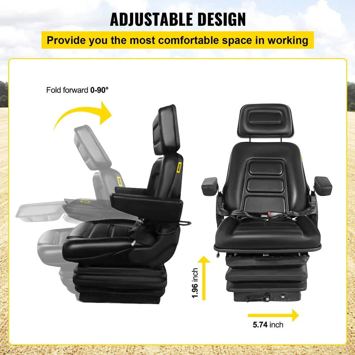 Replacement Tractor Seat Suspension Angel Adjustable with Seat Belt and Lock for Mowers Excavators Graders Wheel Loaders