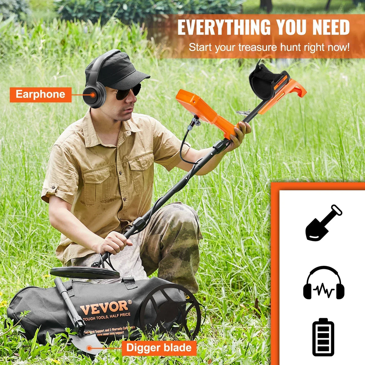 Professional Rechargeable Metal Detector 12" IP68 Waterproof Coil 39-50 in Adjustable with LCD 7Modes for Treasure Hunting