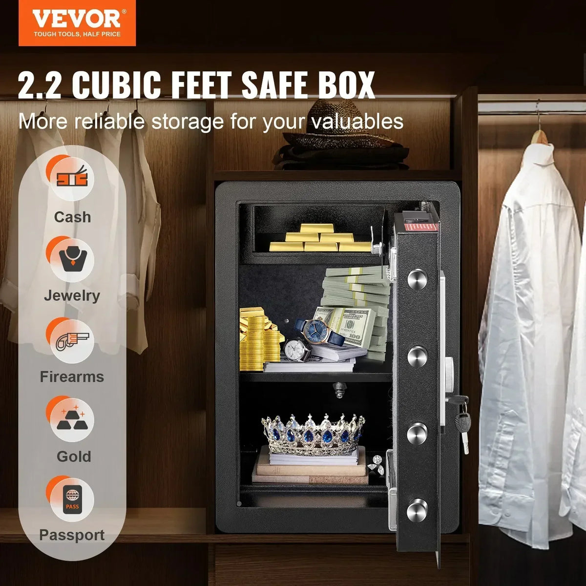 Safe 2.2 Cubic Feet Home Safe Steel for Cash Gold 15.75x13x23.6 inch Safe Box for Home, Hotels and Offices