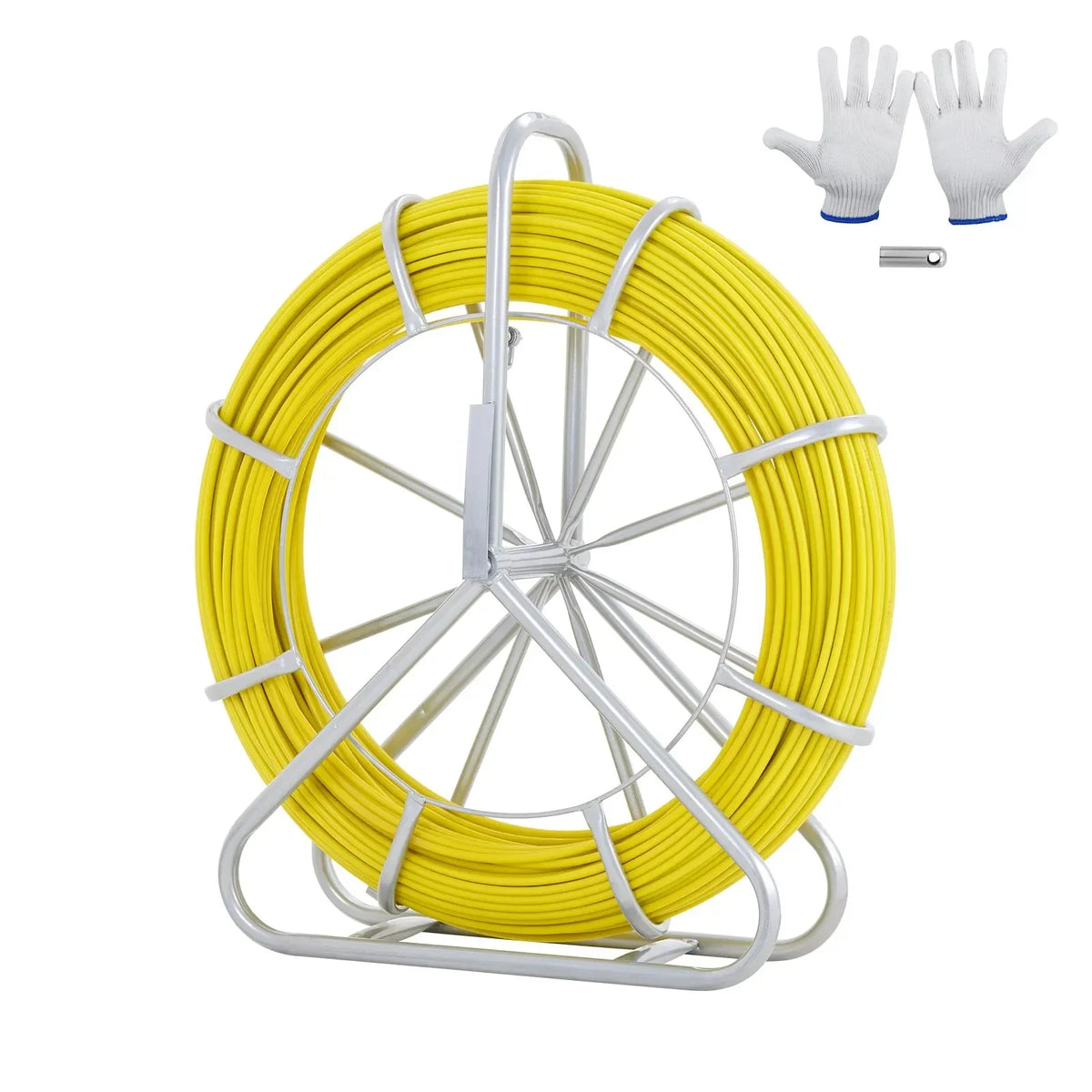 Fish Tape Fiberglass, 425/492 ft, Duct Rodder Fishtape Wire Puller, Cable Running Rod with Steel Reel Stand 3 Pulling Head