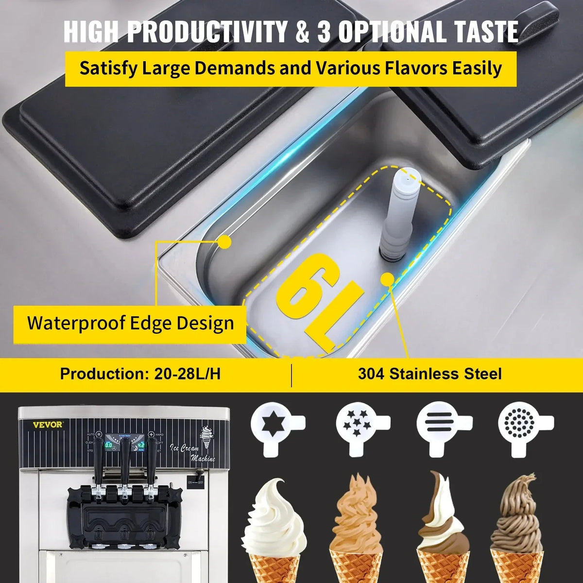 Commercial Soft Ice Cream Machine 2200W  20-28L/H Ice Cream Maker Double 6L Hoppers Ice Cream Making Machine YKF-8228H