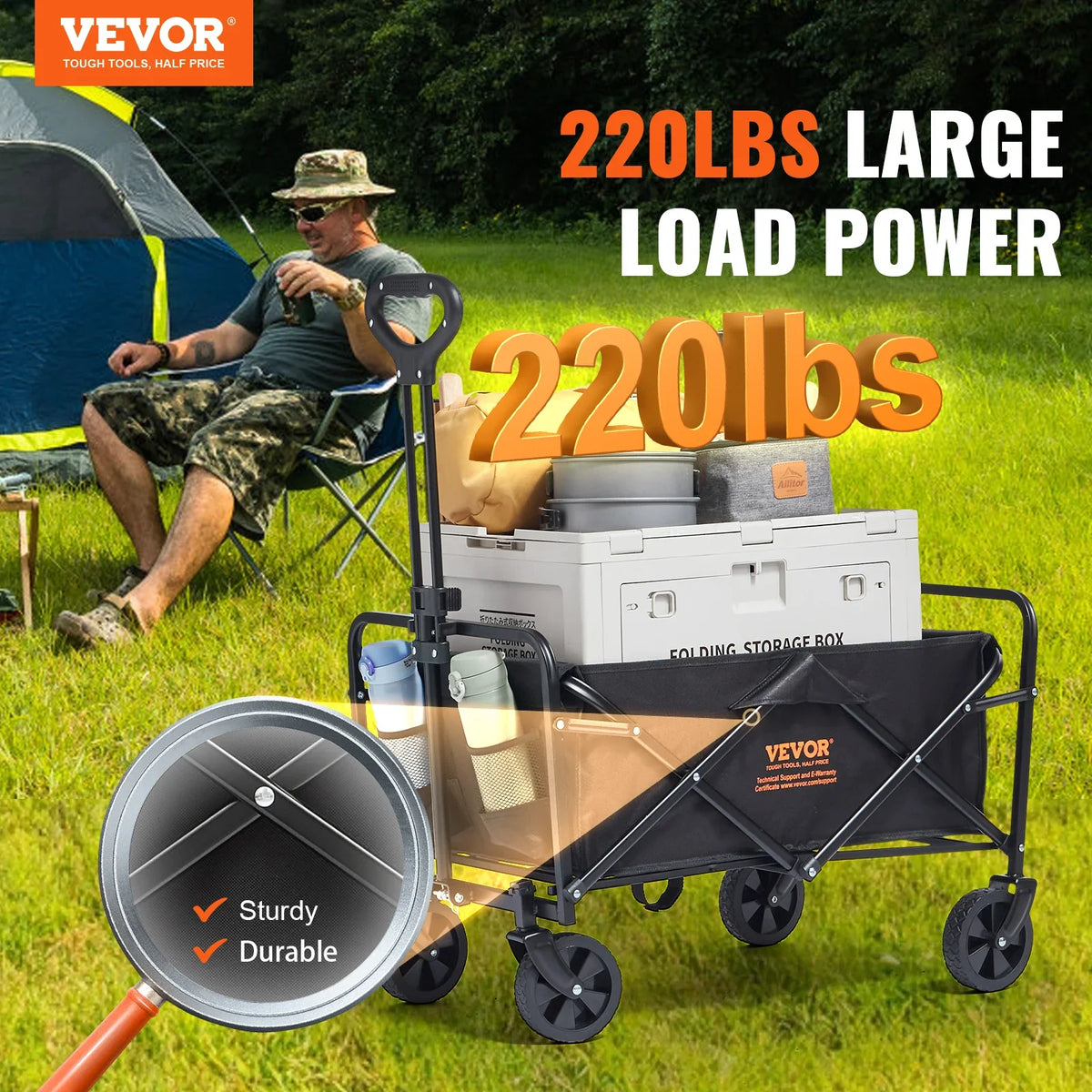 Collapsible Folding Wagon Beach Wagon Cart Heavy Duty Folding Wagon Cart 220 lbs  for Camping Shopping Gar