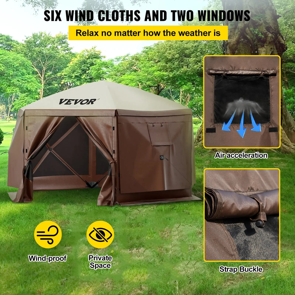 10x10/12x12FT Family Camping Tent - Canopy Screen Shelter with UV50+ Sun Protection Steel Frame Waterproof for 6 People