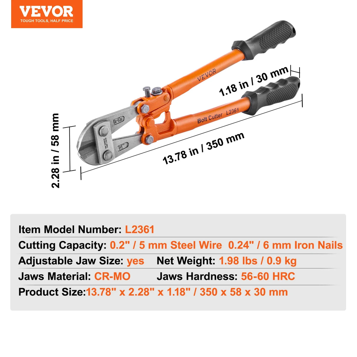 Bolt Cutter 8in/14in/18in/24in Lock Cutter Bi-Material Handle with Soft Rubber Grip Chrome Molybdenum Alloy Steel Blade