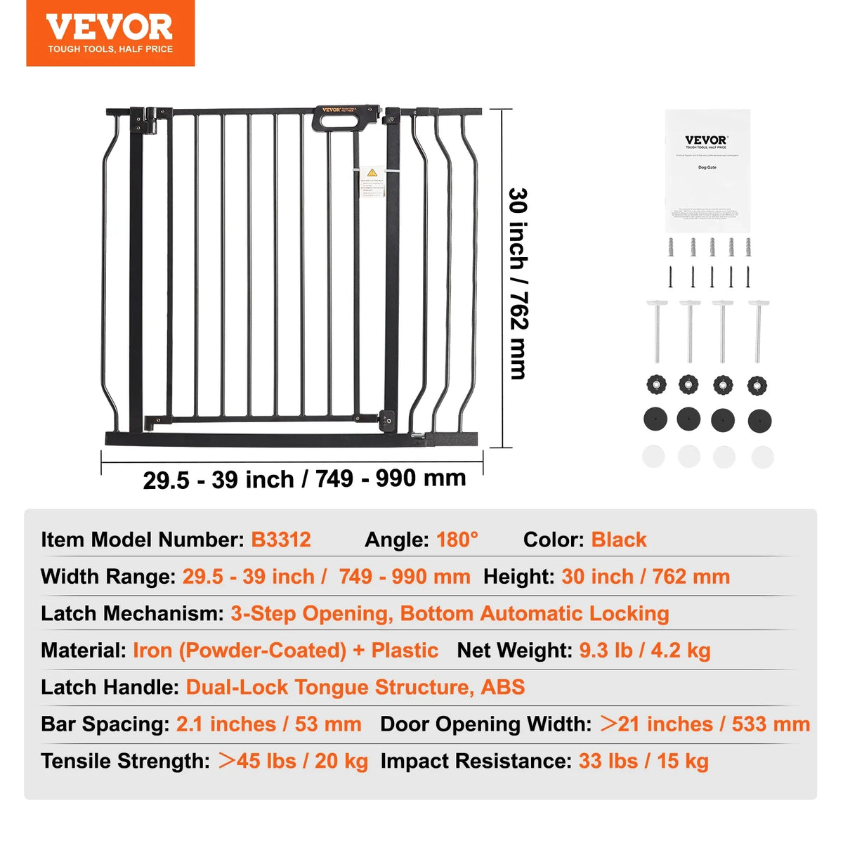 Baby Gate 29.5"-39"/ 48.4"/ 53"/ 57.8" Extra Wide 30" High Dog Gate for Stairs Doorways and House Auto Close Security Gate