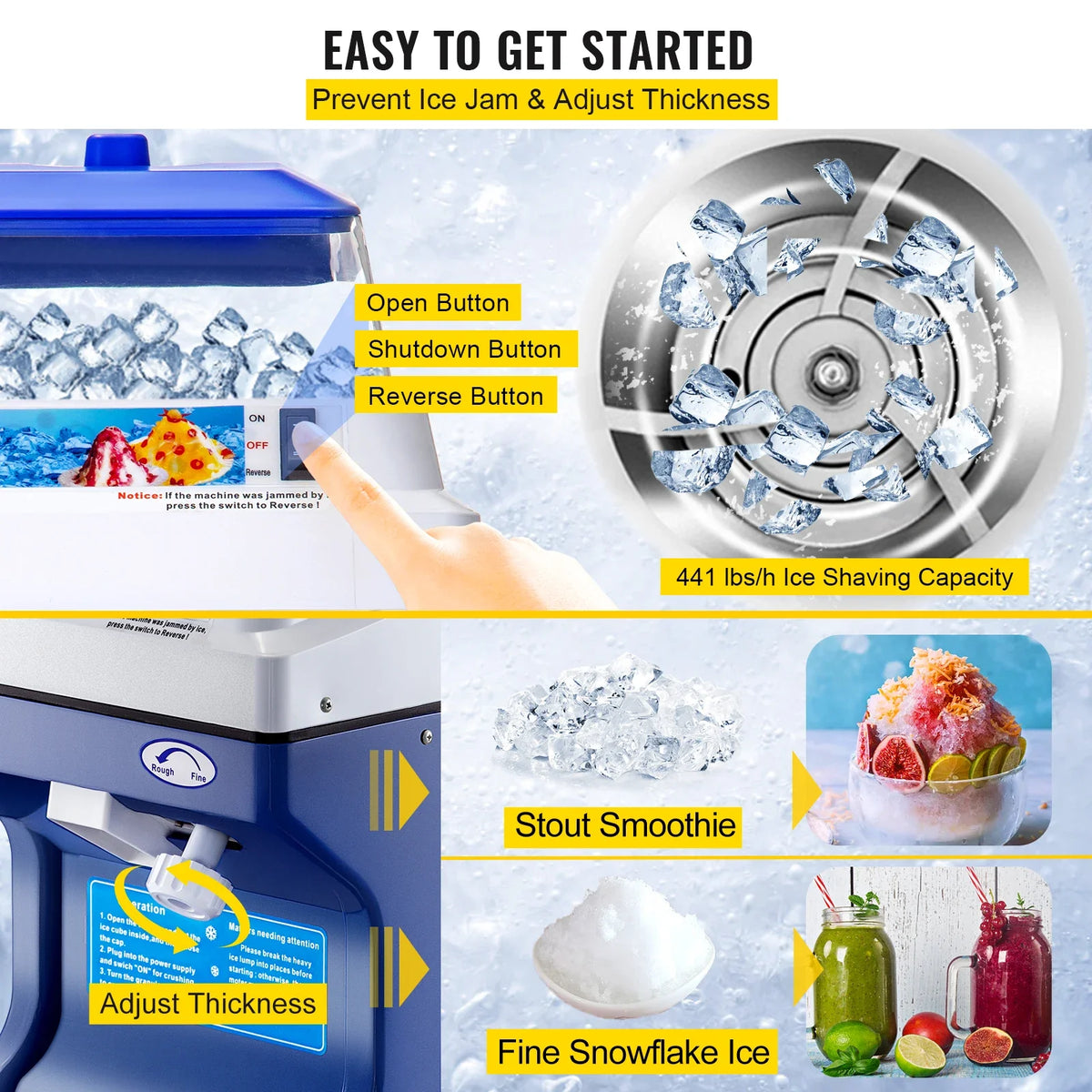 Commercial Ice Shaver 441 LBS/H Ice Shaving Capacity, Ice Shaving Machine w/ 11 LBS Hopper, 300W Snow Cone Maker 320 RPM
