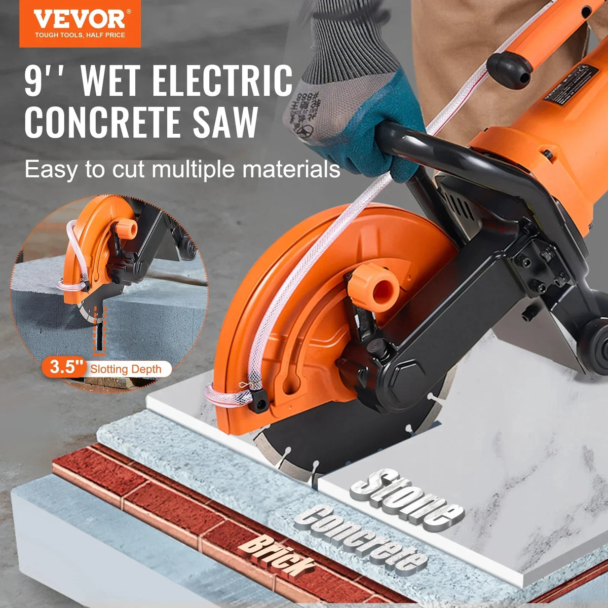 Electric Concrete Saw 9 in 1800W 15A Motor Circular Saw Cutter with 3.5 in Cutting Depth Wet/Dry Disk Saw Cutter for Stone