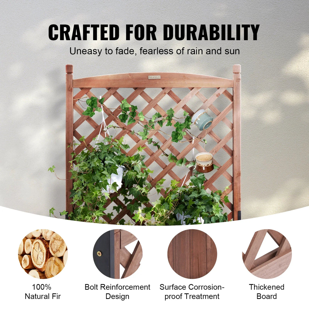 Raised Garden Bed with Trellis Outdoor Raised Wood Planters with Drainage Holes for Vine Climbing Plants Flowers in Garden