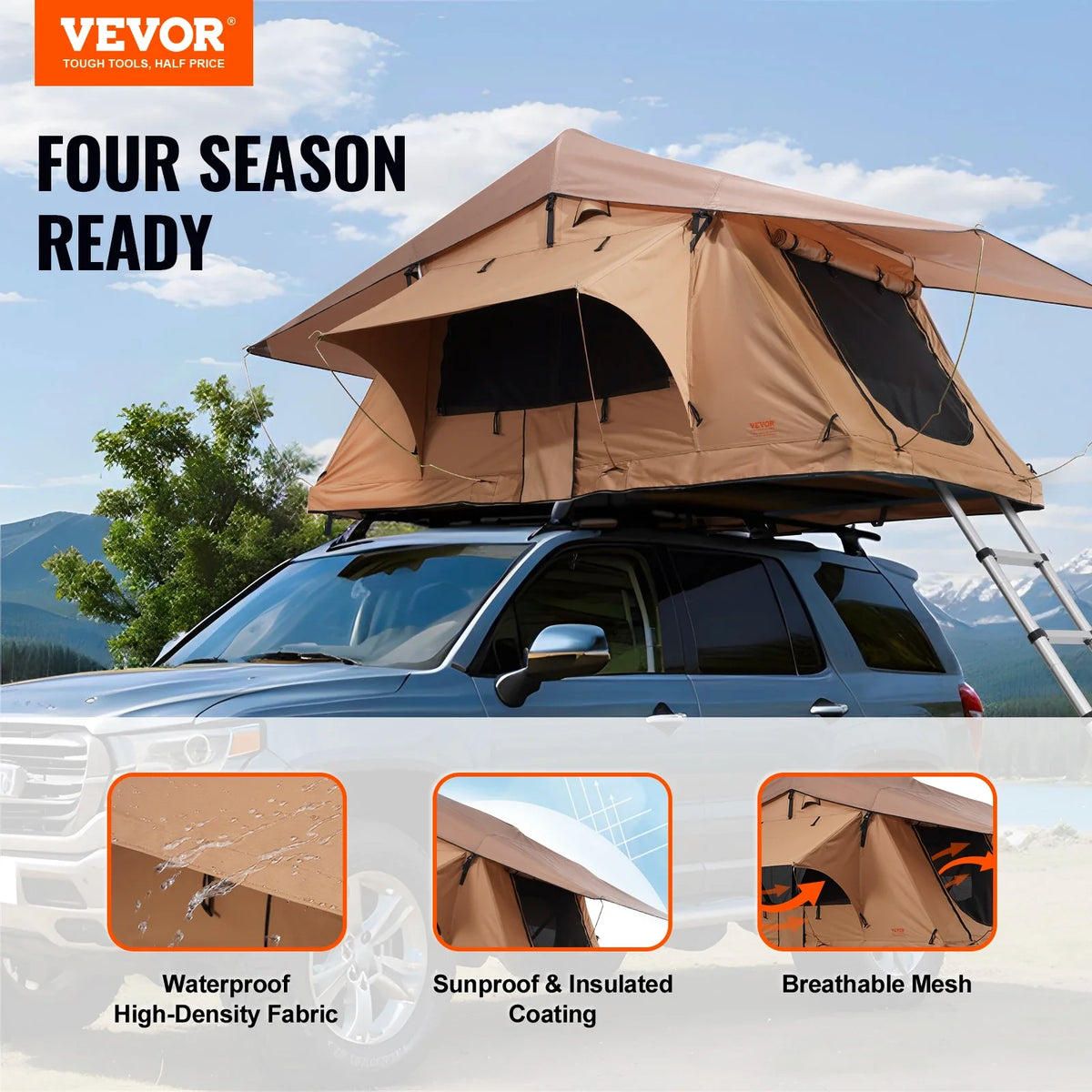 Folding Hard Shell Roof Top Tent with Telescopic Ladder Mattress PVC Cover Bag, Waterproof for Jeep SUV Van Pickup Truck