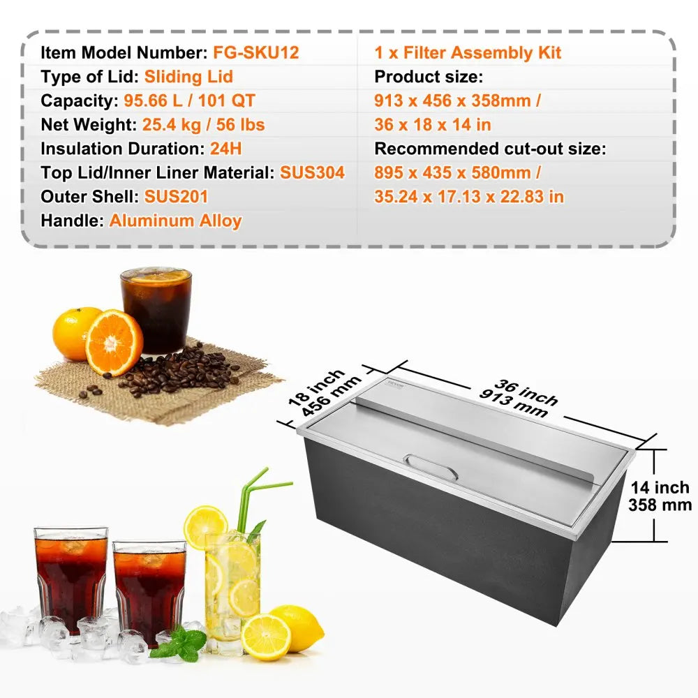 Drop in Ice Chest,Stainless Steel Ice Cooler,Ice Bin with Sliding Cover,40.9qt Outdoor Kitchen Ice Bar,for Cold Wine Beer