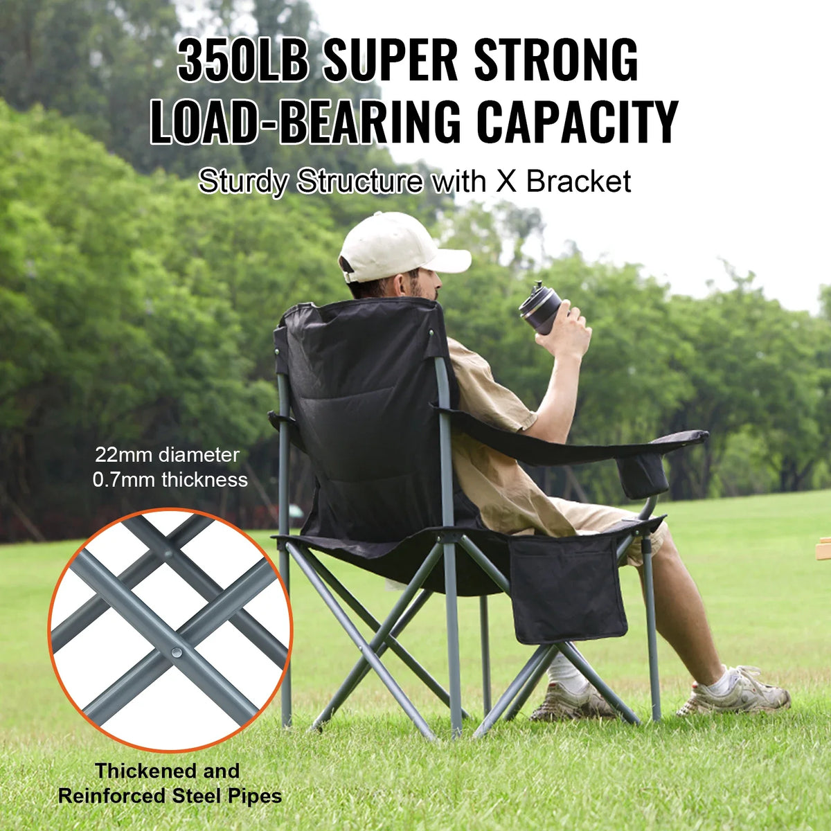 Camping Folding Chair for Adults Portable Outdoor Lumbar Back Padded Arm Chairs for Beach Lawn Picnic Fishing Backpacking