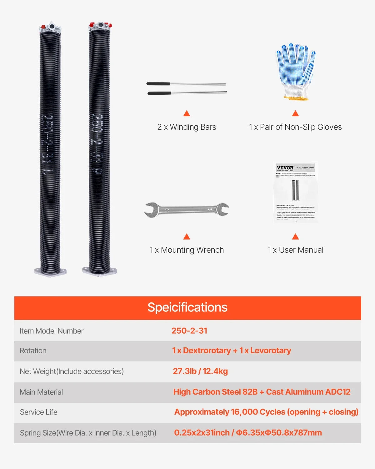 Garage Door Torsion Springs Pair Cycles Electrophoresis Black Coated for Replacement Garage Door Springs