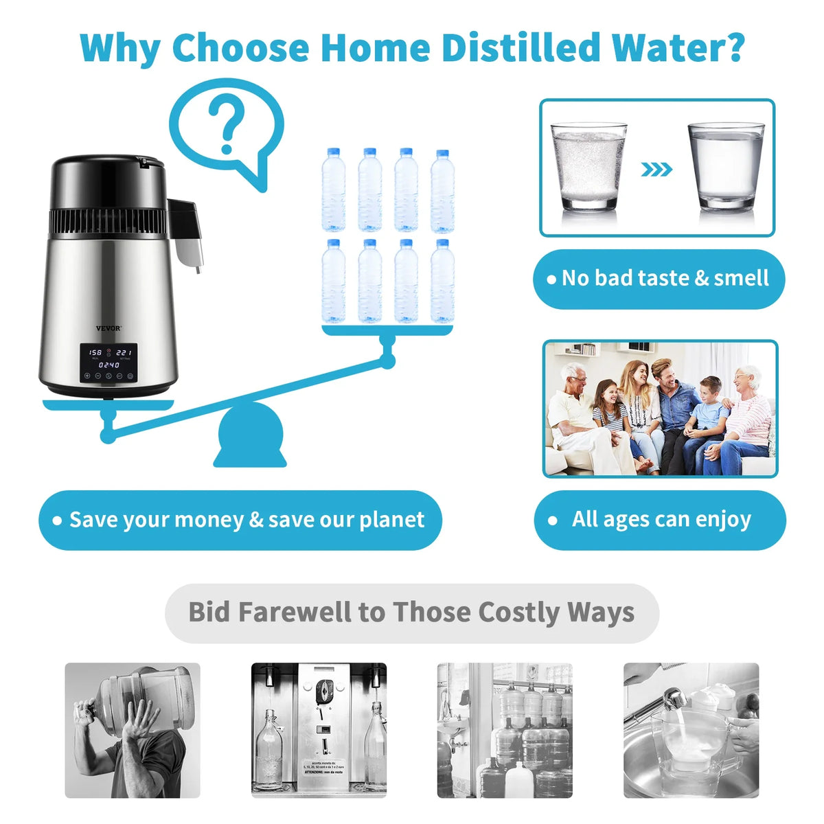 1.5L/H Distilling Speed 4L Water Distiller Treatmen Purifier Filter Timing Dual Temp Display 304 Stainless Home Appliance