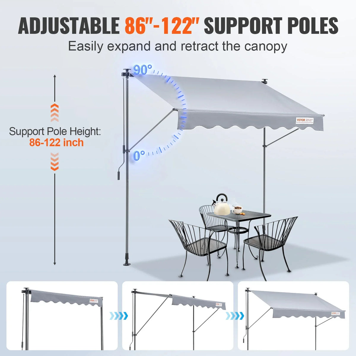 Manual Retractable Awning Outdoor Portable Sunshade Shelter Adjustable Patio Door Window Awning Canopy for Backyard Garden