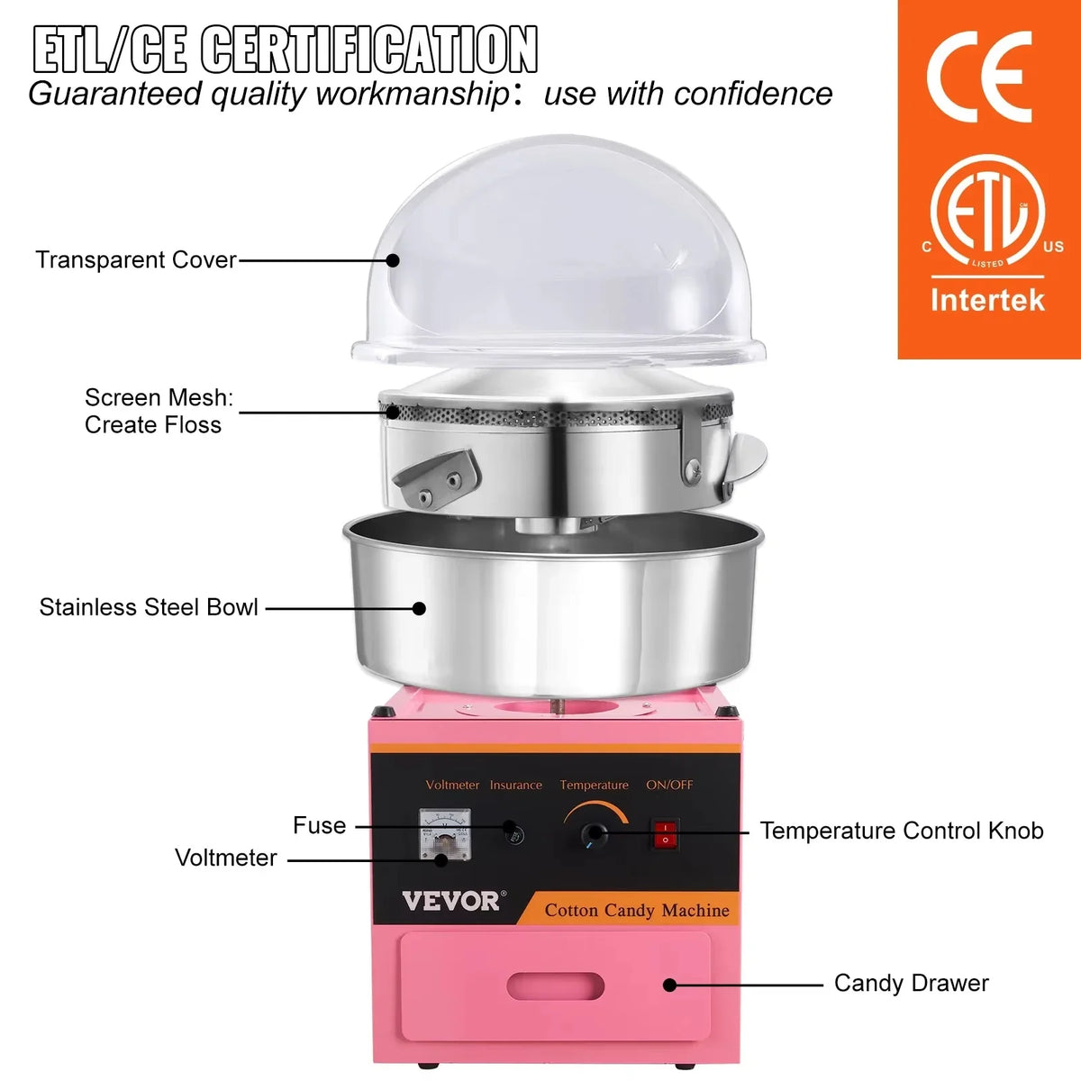 Electric Cotton Candy Machine Commercial Floss Maker with Stainless Steel Bowl Sugar Scoop and Drawer for Birthday Party