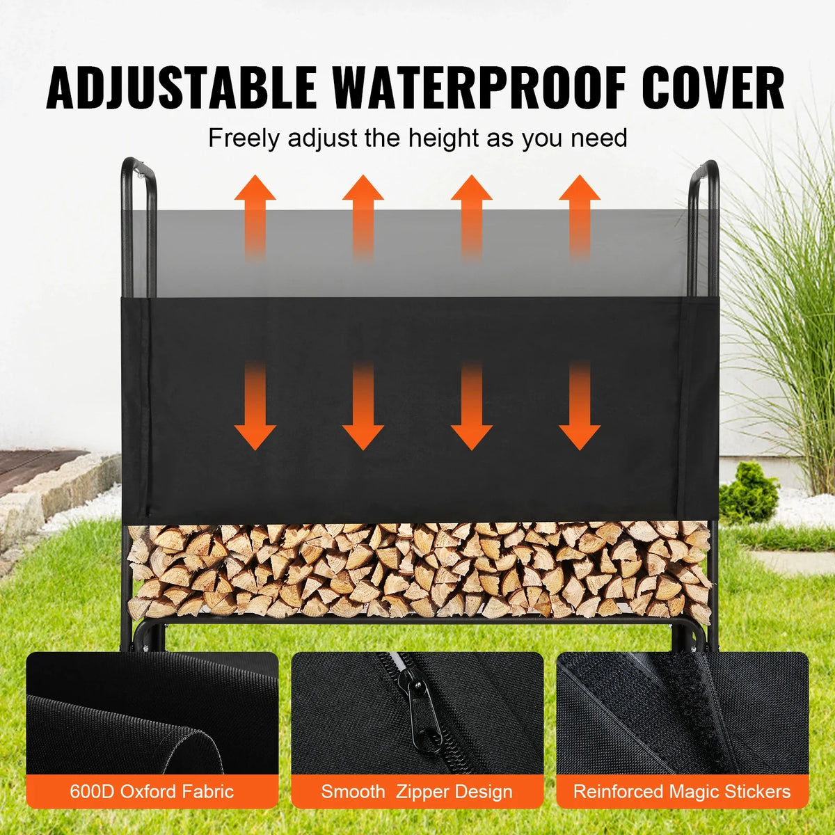 4.3/8.5/12.7FT Outdoor Firewood Rack w/Cover,Heavy Duty Firewood Holder & 600D Oxford Waterproof Cover for Fireplace,Patio