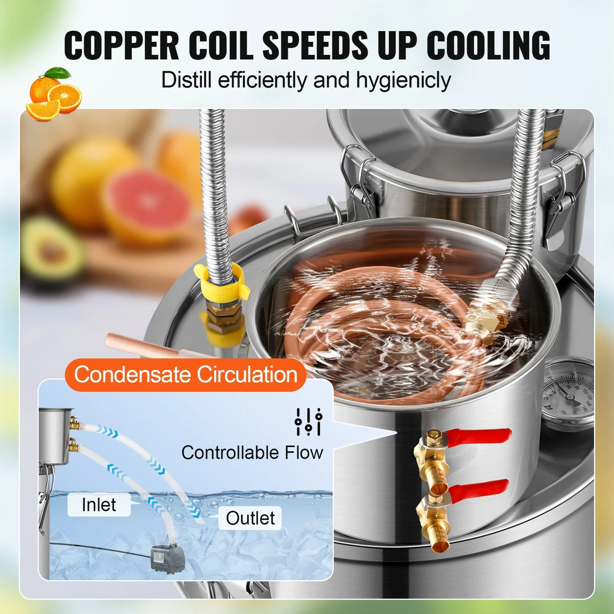 30L Stainless Steel Water Alcohol Distiller with Copper Coil for Fast Cooling,Dual Condenser Distiller Kit for Wine Whisky