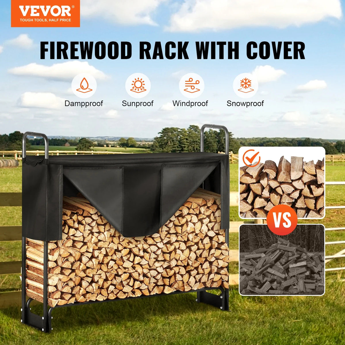 4.3/8.5/12.7FT Outdoor Firewood Rack w/Cover,Heavy Duty Firewood Holder & 600D Oxford Waterproof Cover for Fireplace,Patio