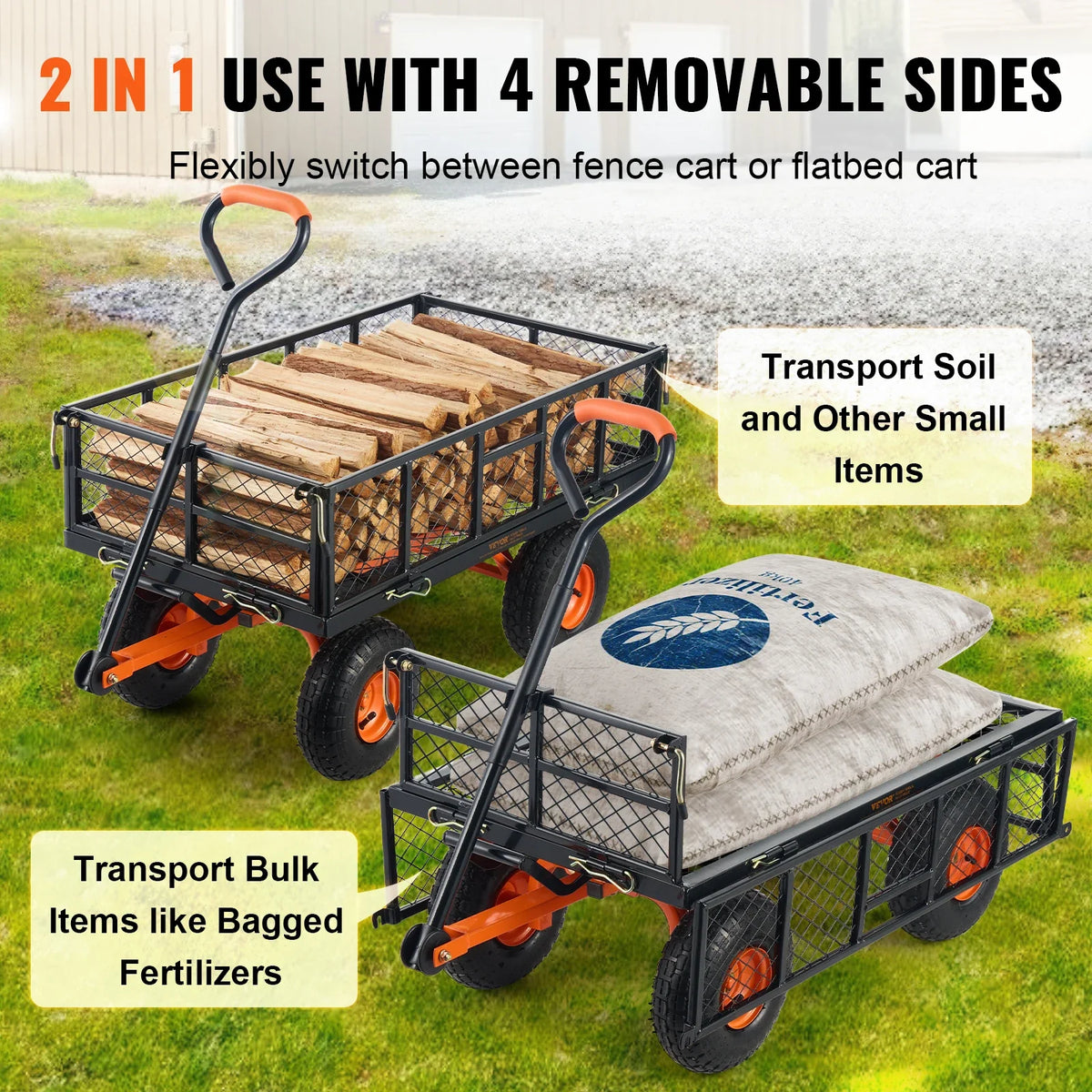 Garden Cart Sturdy Metal Utility Wagon 400lbs Load Versatile Dump Cart with Dual-Function Handle&10" Wheels Wheelbarrow