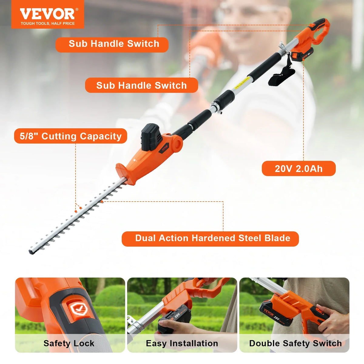 Cordless Hedge Trimmer 18in Hedge Trimmer Kit  W/Double-edged Steel Blade Pole 74"-94" Telescoping Pole for High Branches