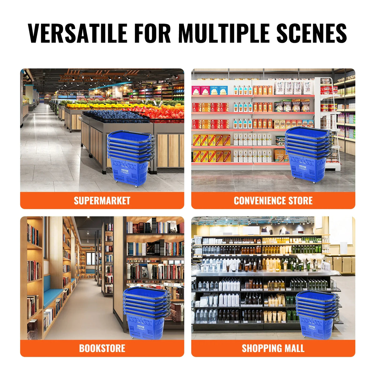 6PCS 39L Shopping Carts with Handles Plastic Rolling Shopping Basket with Wheels for Supermarkets Retail Stores Grocery