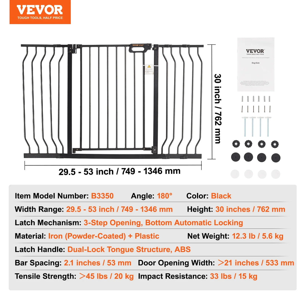 Baby Gate 29.5"-39"/ 48.4"/ 53"/ 57.8" Extra Wide 30" High Dog Gate for Stairs Doorways and House Auto Close Security Gate