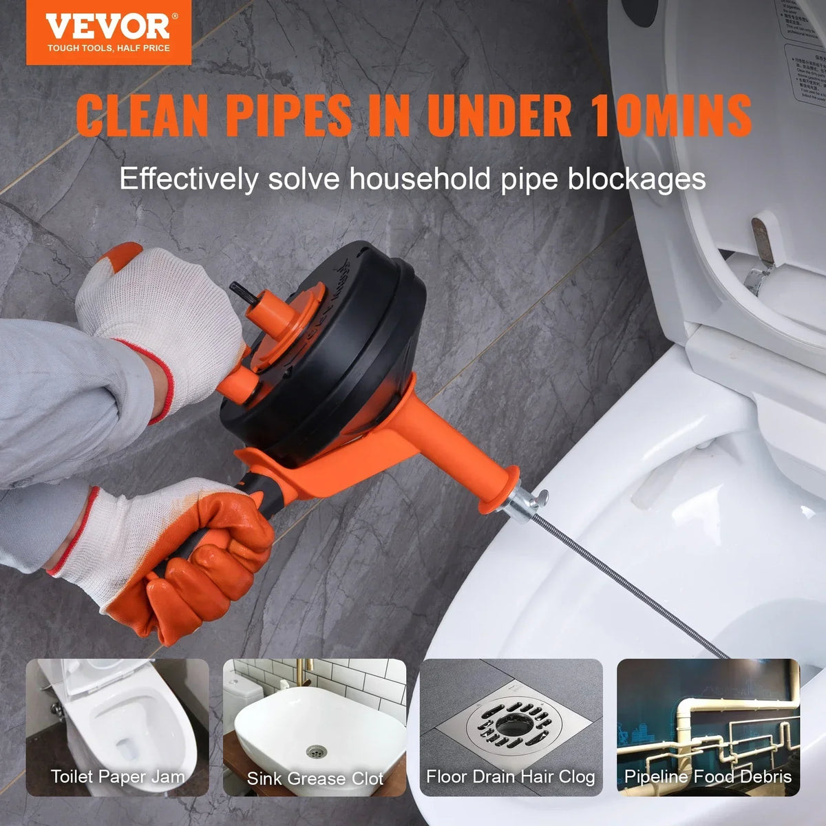 Drain Auger 25Ft Manual-feeding Plumbing Snake with Drill Attachment Drain Clog Remover Toilet Sewer Pipe Dredge for Home