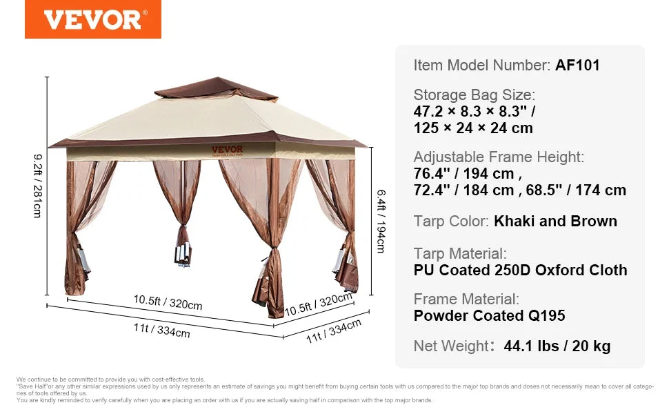 11x11ft/10x10ft/10x13ft Portable Gazebo PU Coated 250D Garden Market Waterproof Collapsible Canopy Party Tent for Outdoor