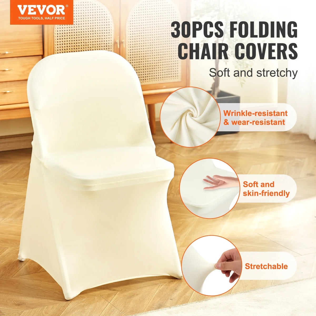 30PCS Ivory Stretch Spandex Folding Chair Covers Universal Fitted Chair Cover Removable Washable Protective Slipcovers