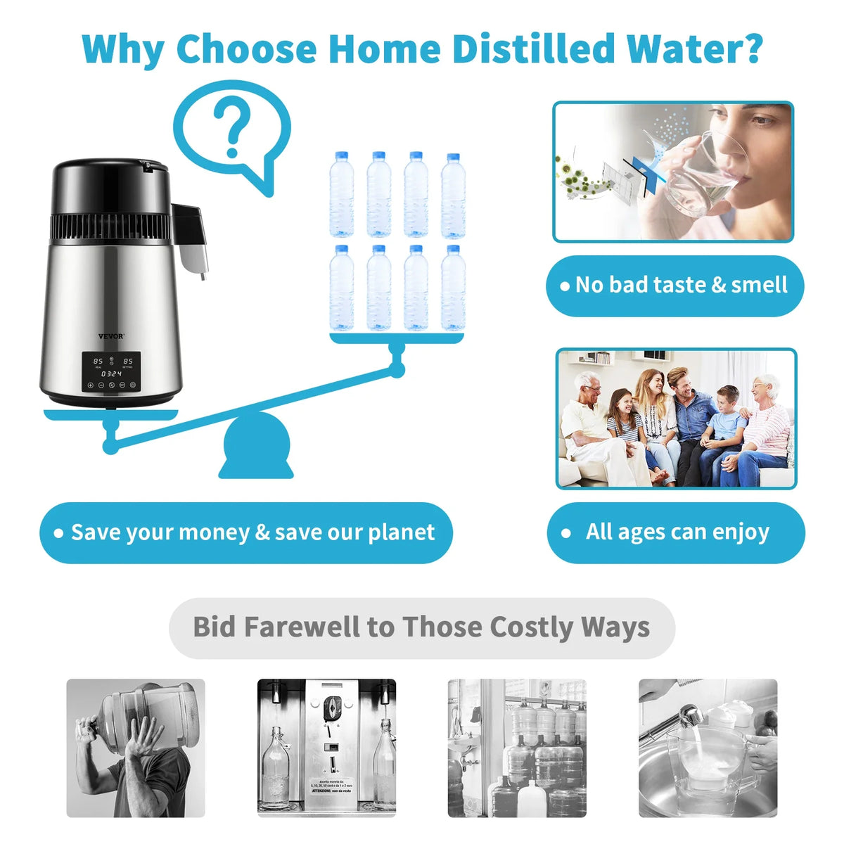 Water Distiller, 1 L/H, 4L Distilled Water Maker w/ 0-99 H Timing, 750W Countertop Water Purifier w/ Dual Temp Display