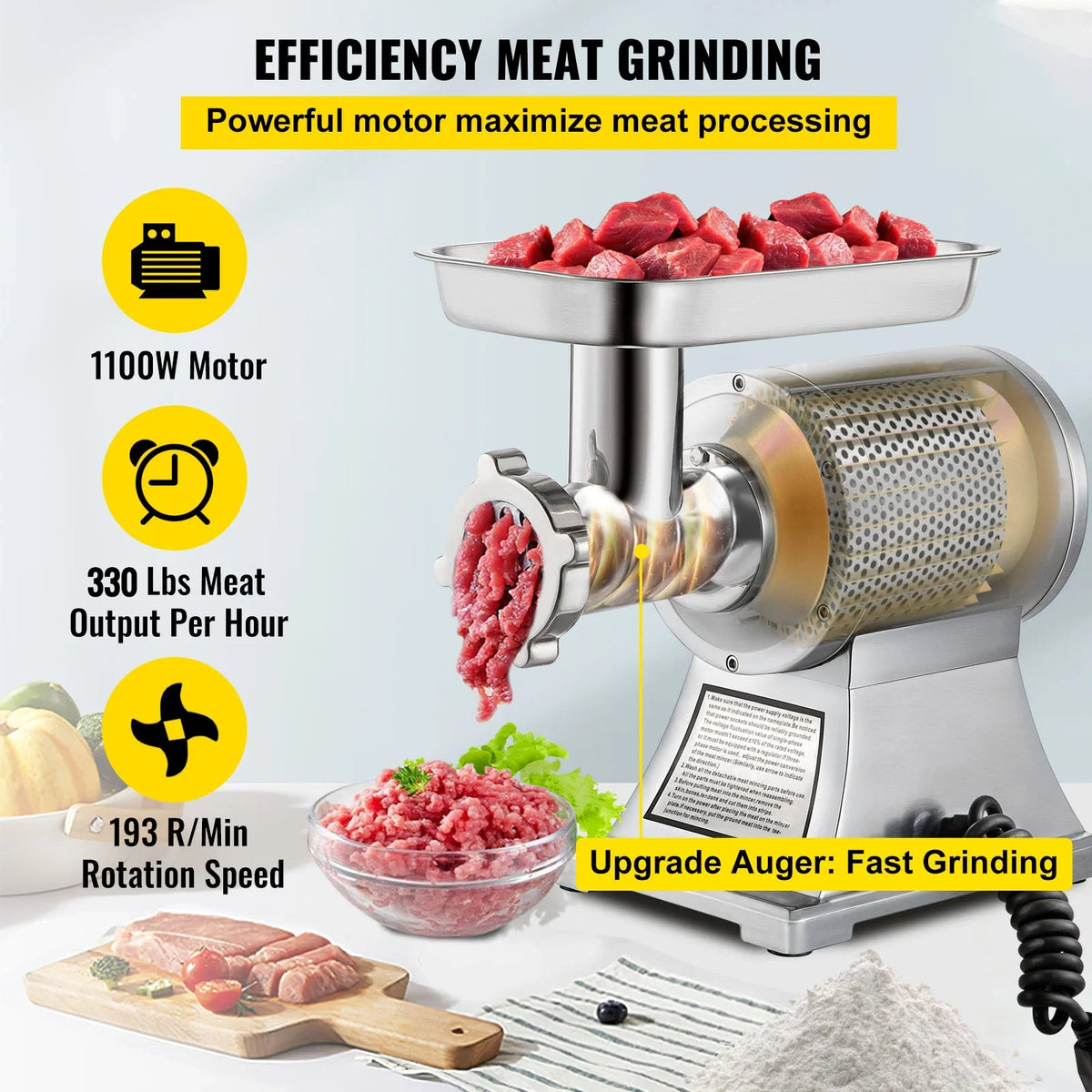 Commercial Meat Grinder 550LB/h Electric Sausage Maker Stainless Steel with 2 Blades, Grinding Plates & Stuffing Tubes