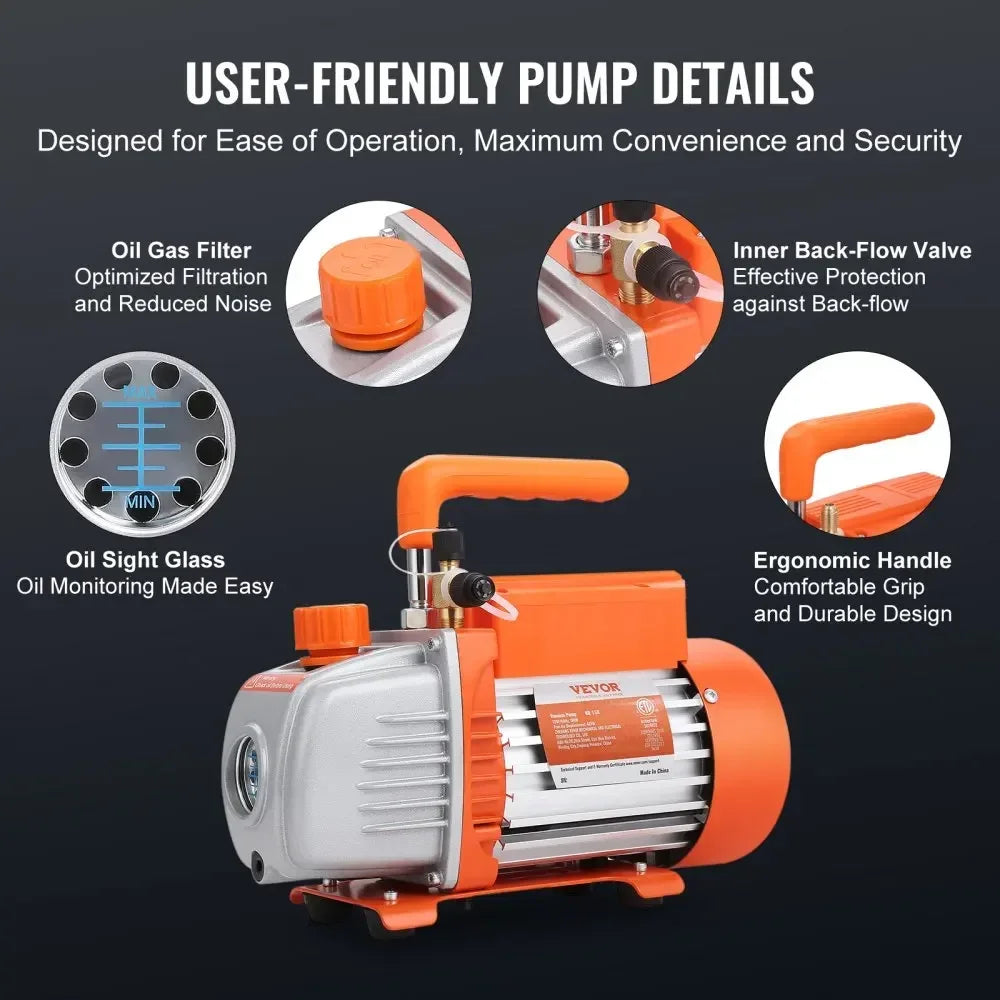1/4 HP 4.5 CFM AC Vacuum Pump and Gauge Set, Single Stage  Air Vacuum Pump A/C Refrigerant Kit Manifold Gauge Set